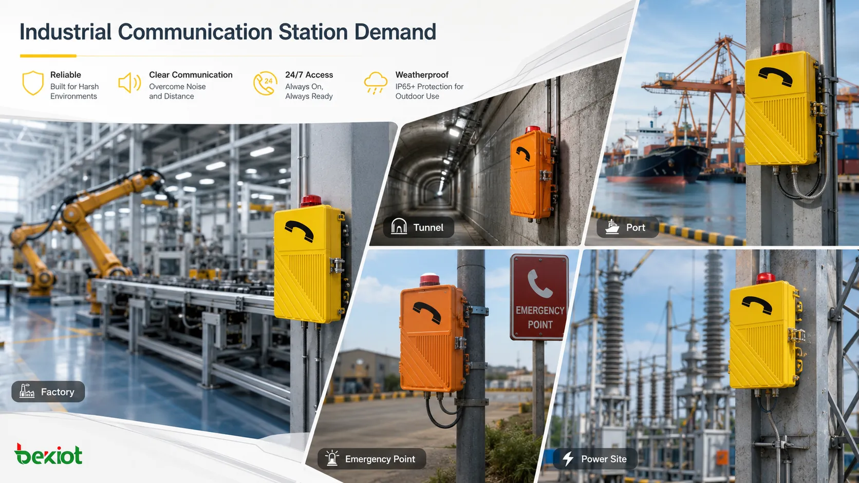 Industrielle Kommunikationsstationen in Fabrik, Tunnel, Bergwerk, Hafen, Energieanlage und Außenbereich mit robustem Sprachzugang, Leitstellenanbindung und Notrufpunkt