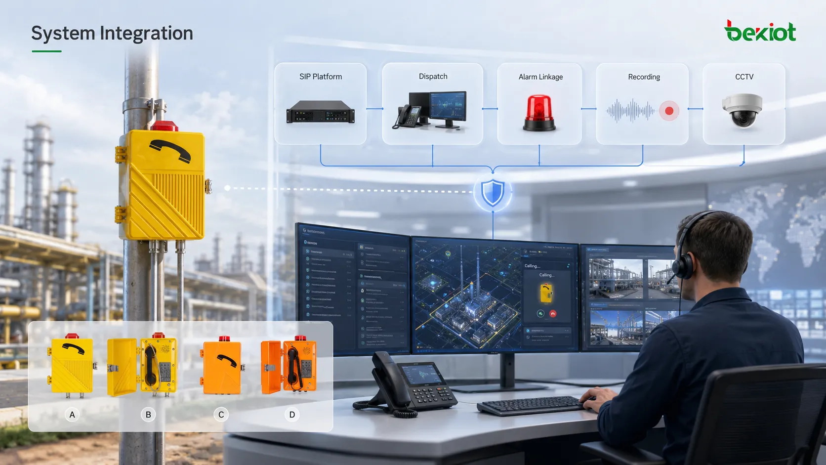 Systemintegration einer industriellen Kommunikationsstation mit SIP-Plattform, Leitstellenkonsole, Alarmkopplung, Aufzeichnungsserver, IP-PBX, Außenstation und Leitstellenbediener