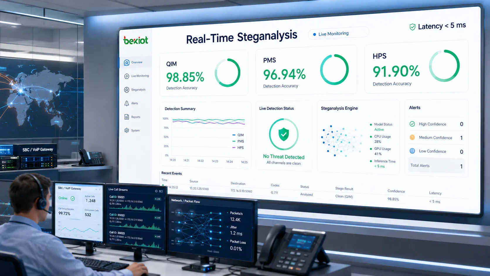 Echtzeit-VoIP-Steganalyse-Dashboard mit Deep-Learning-Erkennungsgenauigkeit für QIM PMS HPS und Sicherheitsüberwachung mit geringer Latenz