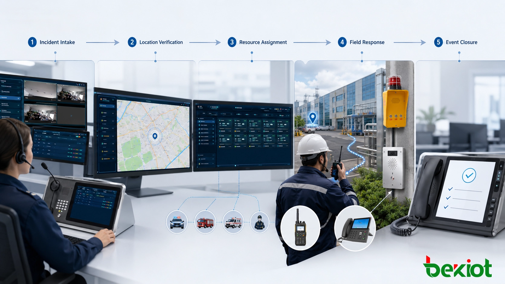 Computer-Aided-Dispatch-Arbeitsablauf mit Ereignisannahme, Standortüberprüfung, Ressourcenzuweisung, Außeneinsatz und Ereignisabschluss