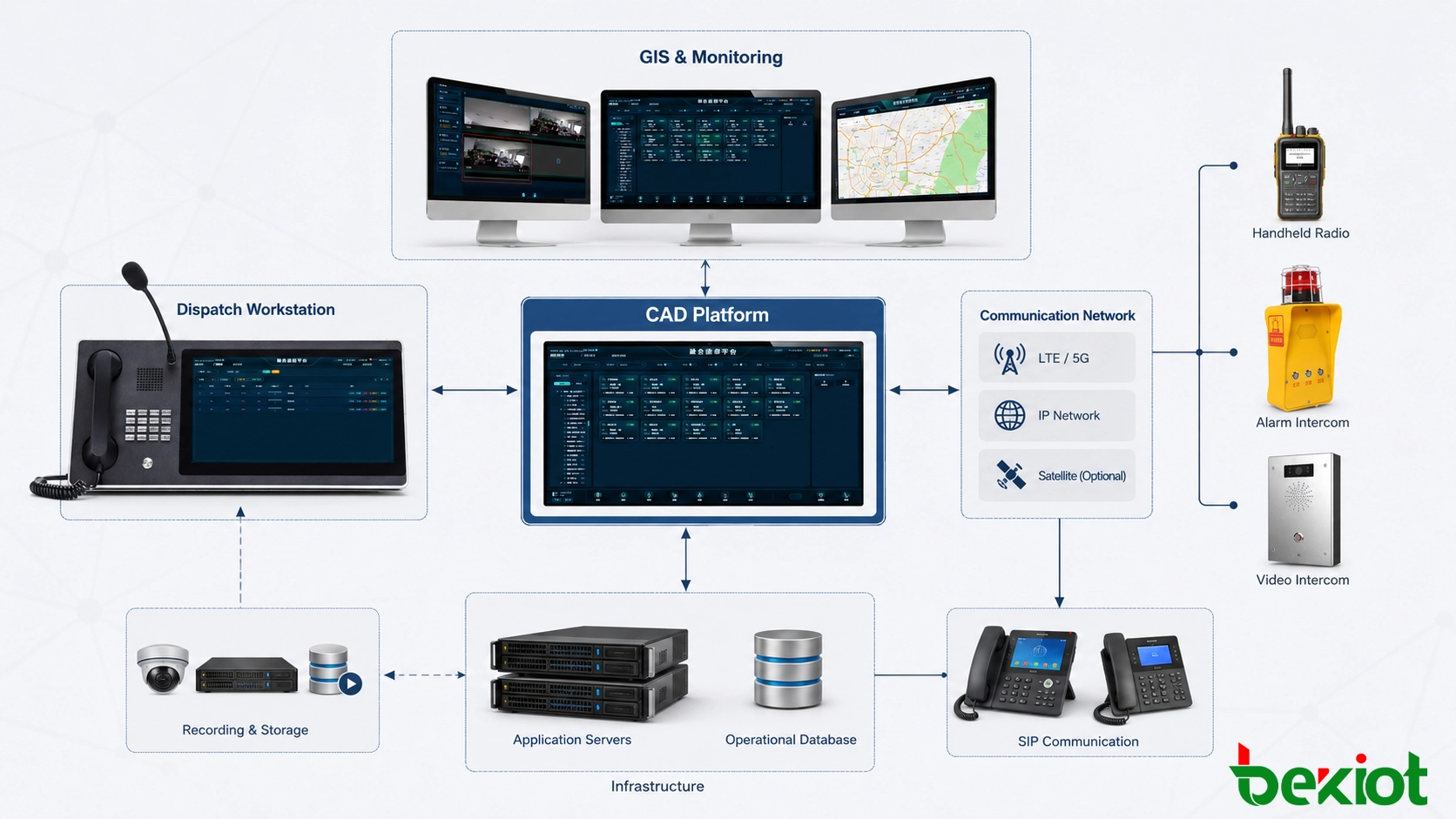CAD-Systemarchitektur zur Verbindung von Dispatch-Arbeitsplätzen, Anwendungsservern, GIS-Karten, Kommunikationsnetzen, Aufzeichnungssystemen und mobilen Außendienstterminals