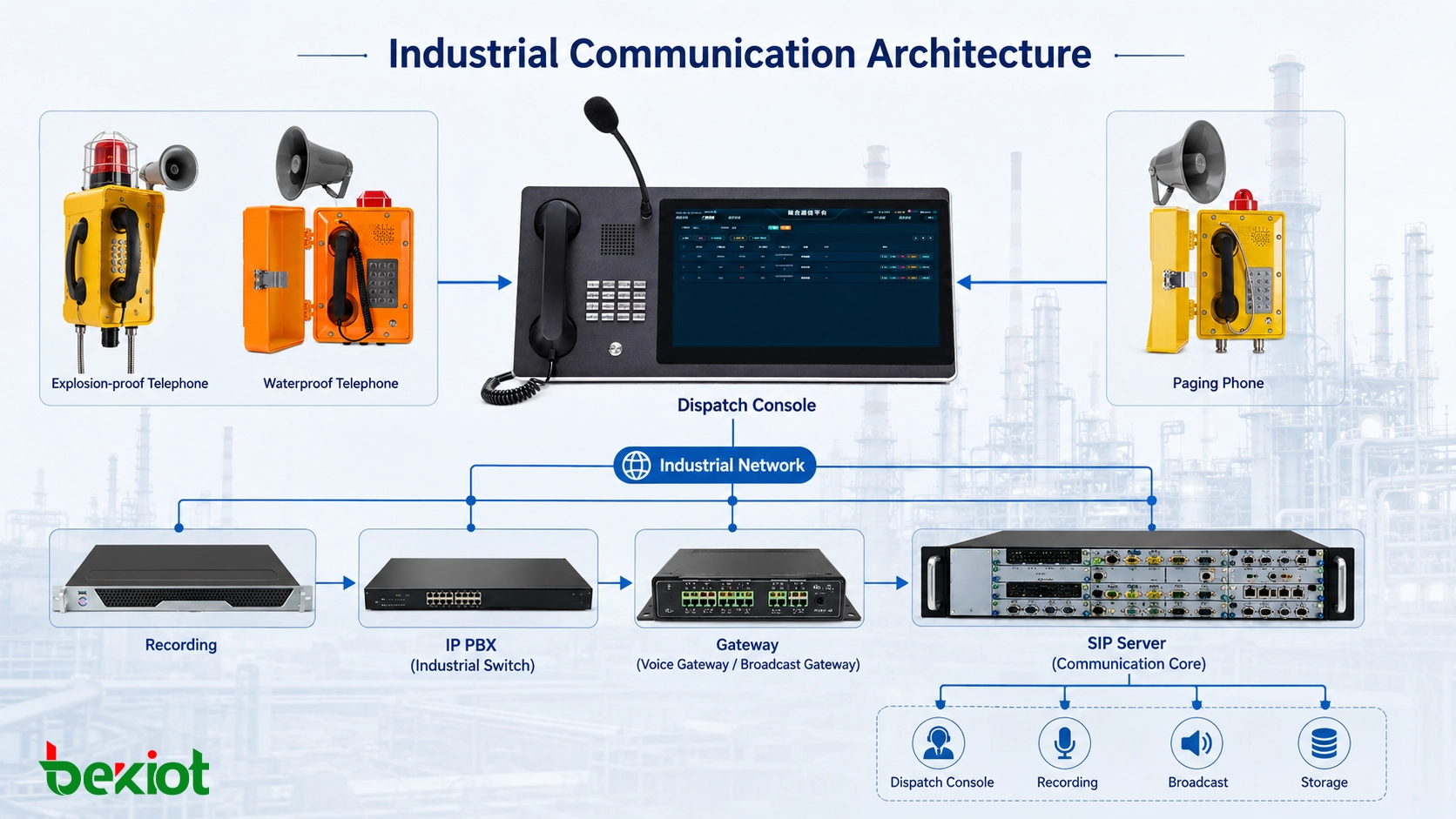 Industrielle Kommunikationsarchitektur mit explosionsgeschützten Telefonen, Industrie-Switches, SIP-Servern, Leitstellenkonsolen, Aufzeichnungsplattformen und Beschallungssystemen