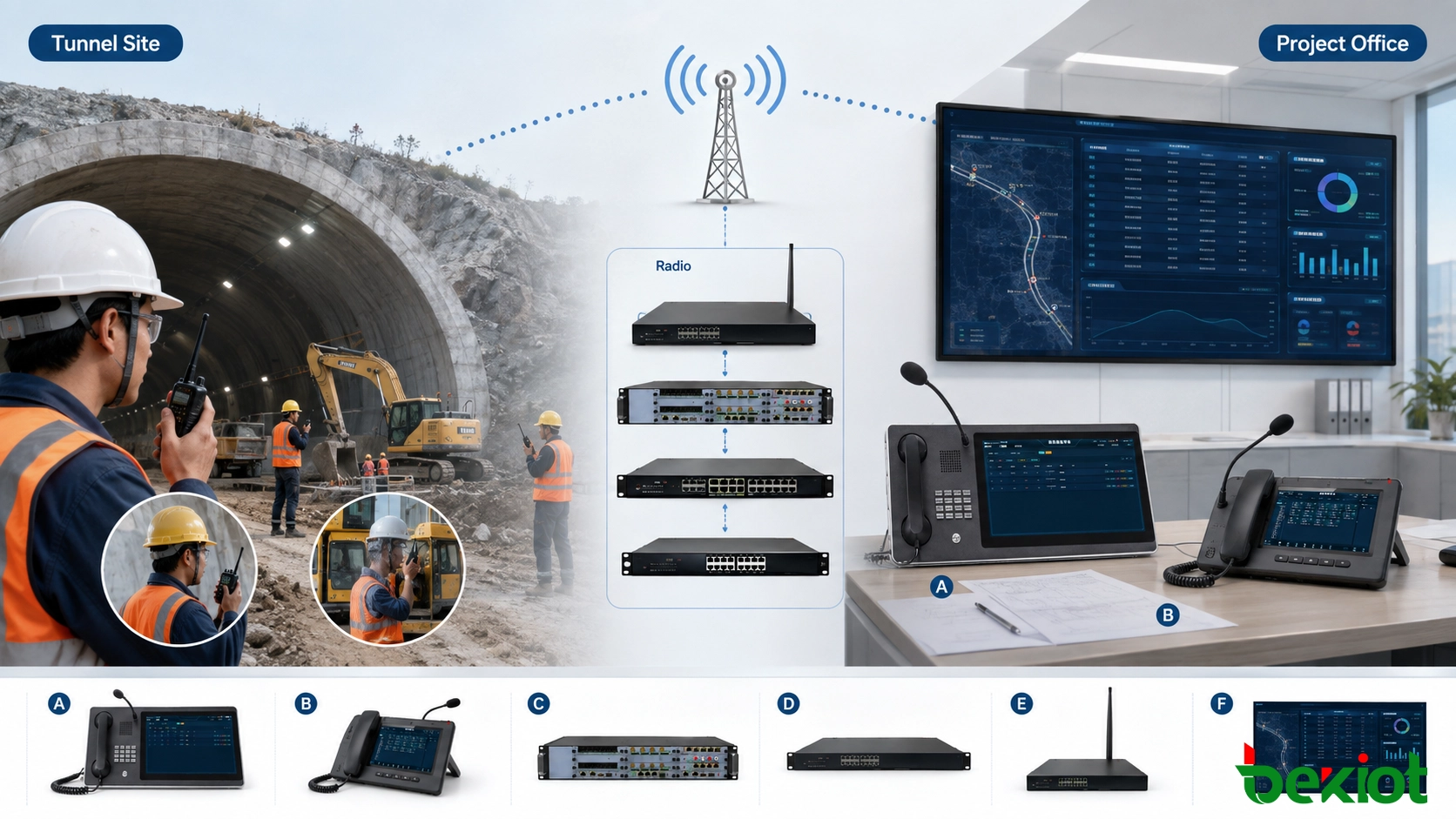 Tunnelbau-Kommunikationsnetzwerk, das Feldfunkanwender mit dem Projektkommandozentrum verbindet