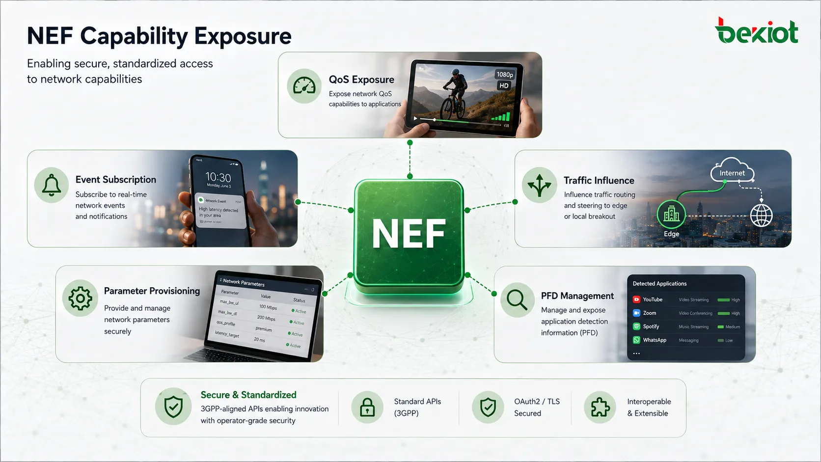 5GC-NEF-Funktionsbereitstellung mit QoS, Ereignisabonnements, Traffic Influence, Parameterbereitstellung und PFD-Management