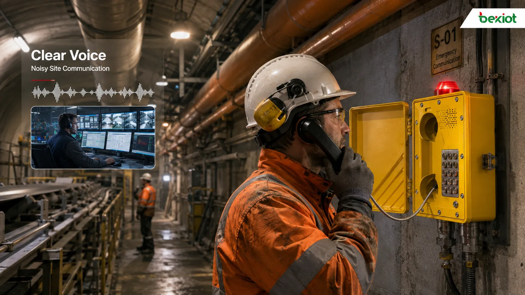Explosionsgeschütztes Telefon für klare Sprachkommunikation in einer lauten Industrieumgebung mit Maschinen, Tunnelhall, Mitarbeiter mit Handapparat und Leitstellenbediener