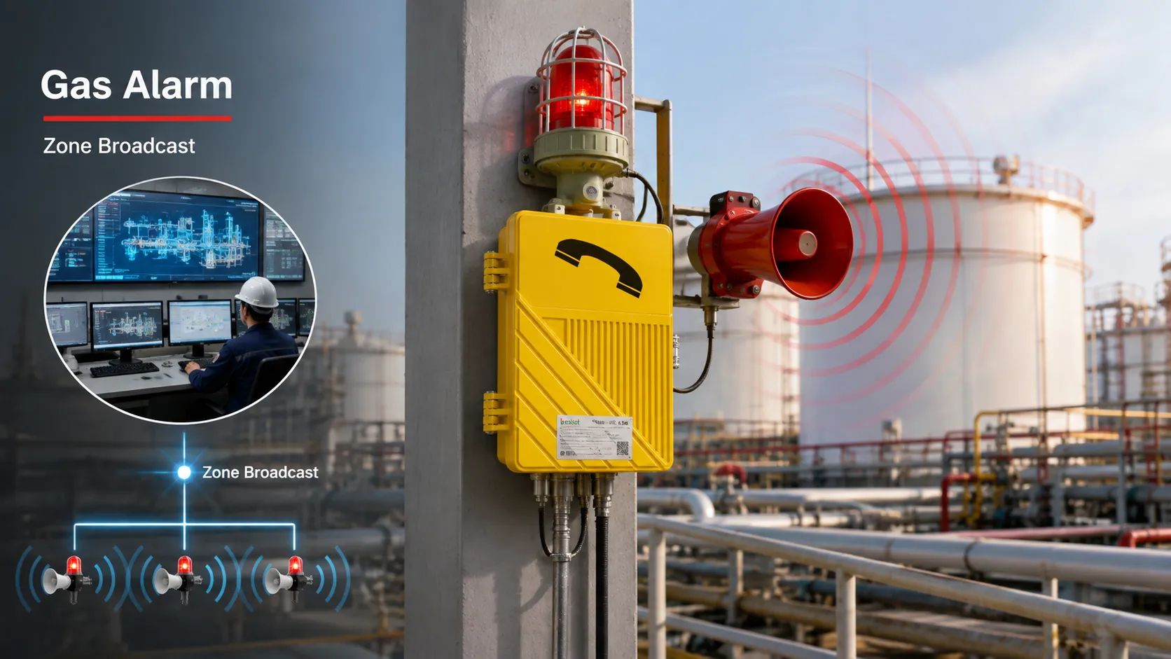 Explosionsgeschützte Rufstation gekoppelt mit Gasdetektion, Brandalarm, akustisch-optischem Alarm, Leitwartenplattform und zonenbezogener Notfalldurchsage