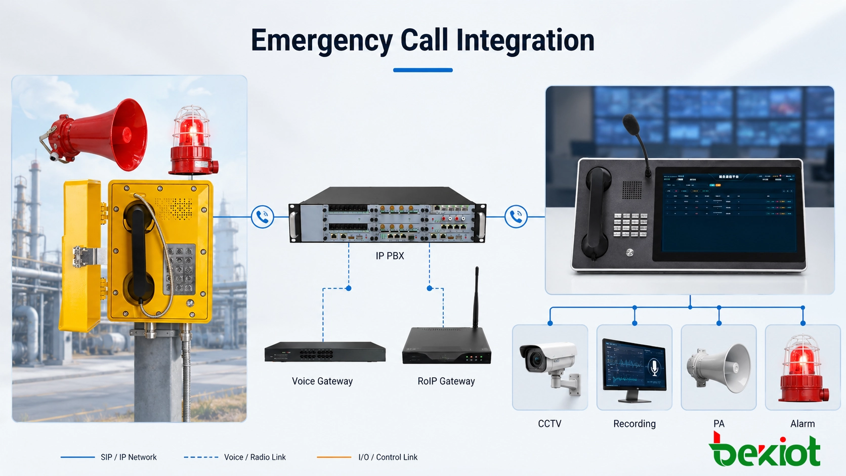 Integration von explosionsgeschütztem Telefon-Notruf mit Aufzeichnung, CCTV, PA und akustischen/visuellen Alarmen