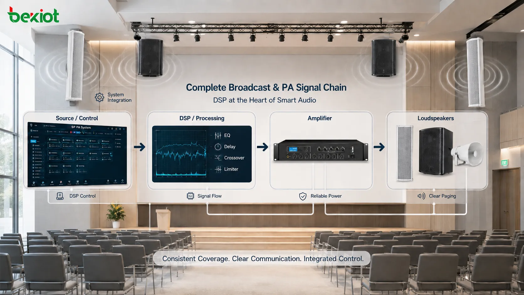Professionelles Beschallungs- und PA-System mit DSP für Entzerrung Delay Frequenzweiche Limiting und gleichmäßige Schallabdeckung