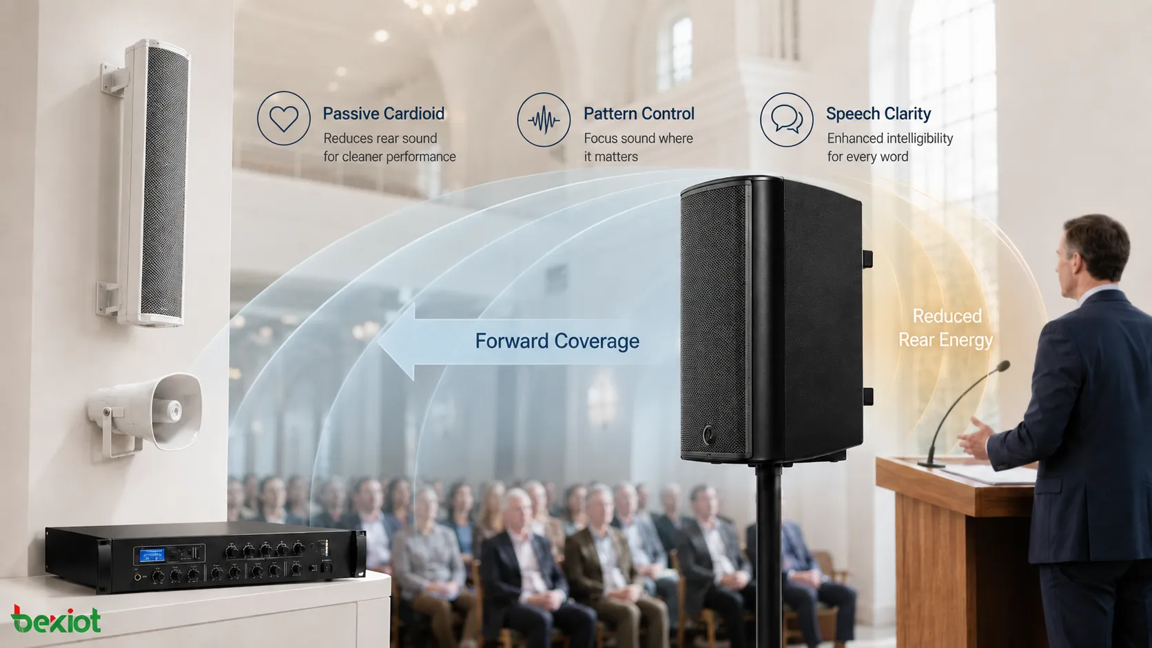 Passiver Kardioidlautsprecher zur Kontrolle rückwärtiger Tieftonenergie in einer Kirche und zur Verringerung unerwünschten Schalls