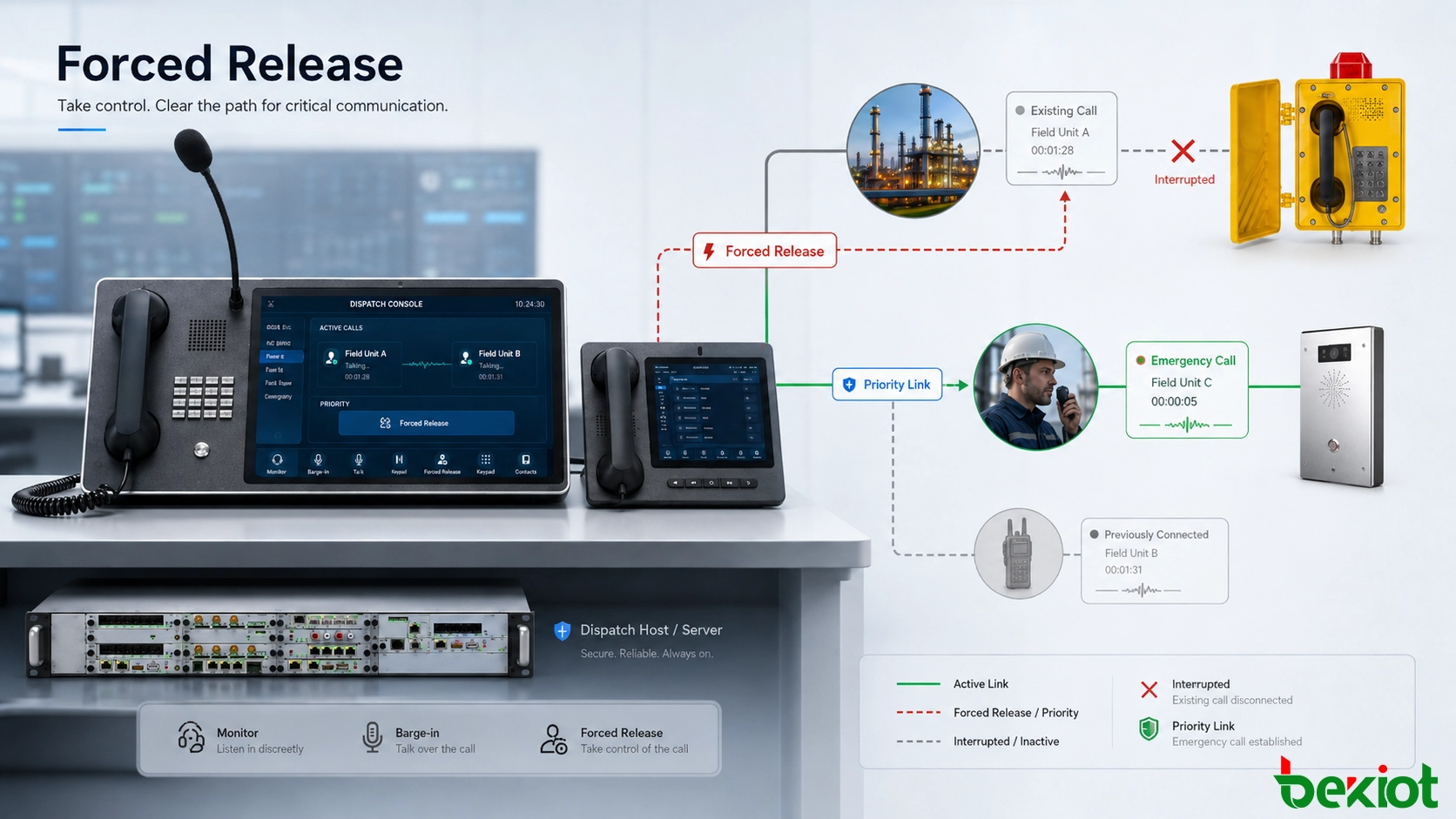 Workflow der erzwungenen Freigabe, der es einem Notfall-Disponenten ermöglicht, eine belegte Verbindung zu unterbrechen und einen Prioritätsanruf aufzubauen
