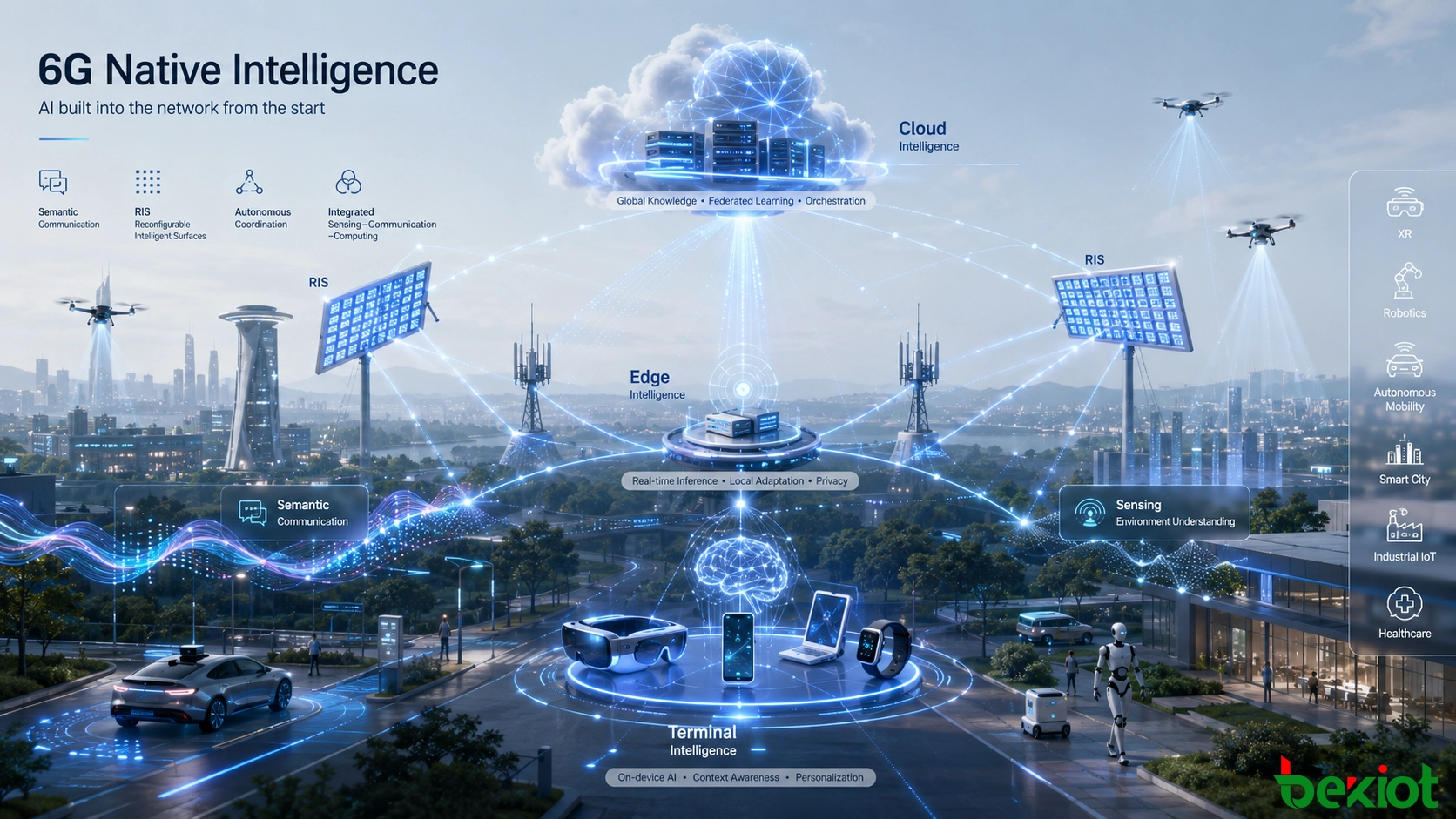 6G-native KI-Architektur, die Endgeräte, Edge-Computing, Basisstationen, Cloud-Intelligenz, semantische Kommunikation und RIS integriert