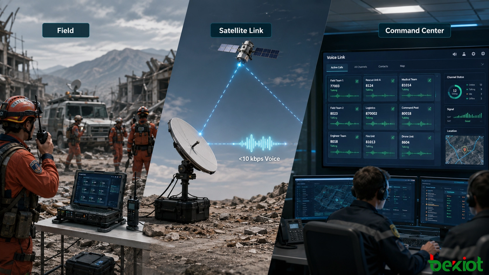 Schmalbandige Notfall-Sprachkommunikation, die Feldgeräte und eine entfernte Einsatzleitstelle über eine Satellitenverbindung verbindet