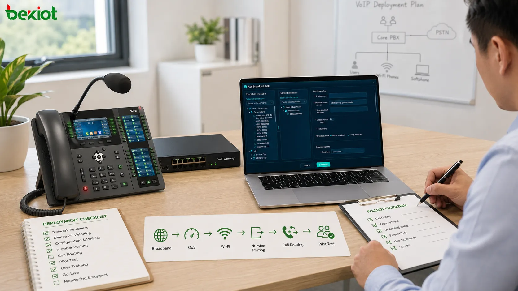 Checkliste für VoIP-Bereitstellung in kleinen Unternehmen mit Breitbandqualität QoS Wi-Fi Rufnummernportierung IP-Telefonen mobilen Apps Anrufrouting CRM-Integration und Pilotbetrieb