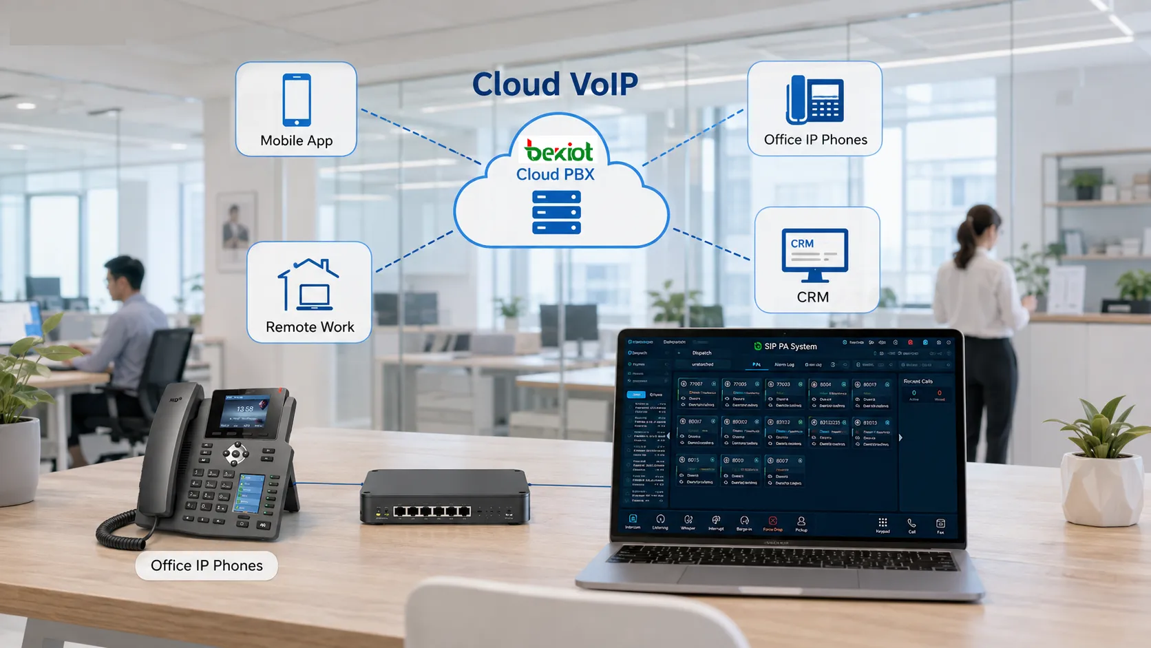 Cloud-VoIP-Architektur verbindet Bürotelefone Remote-Mitarbeiter mobile Apps Breitbandnetze und Cloud-Kommunikationsdienste für kleine Unternehmen