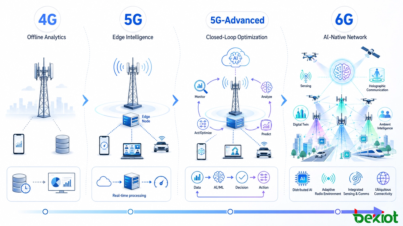 Entwicklung der KI in Mobilfunknetzen von Offline-4G-Analytik über 5G-Edge-Intelligenz, 5G-Advanced-Closed-Loop-Optimierung bis hin zum zukünftigen KI-nativen 6G