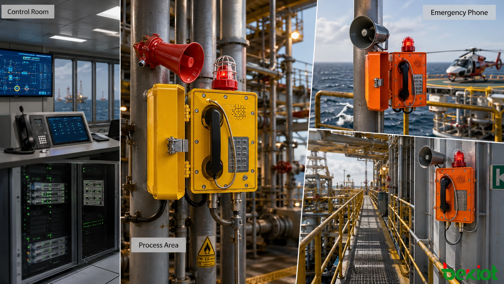 Zonenbasierte Notfalltelefon-Bereitstellung auf Offshore-Plattformen, abdeckend Kontrollraum, Produktionsdeck, Kompressorbereich, Hubschrauberlandeplatz, Maschinenraum und Rettungsbootbereich
