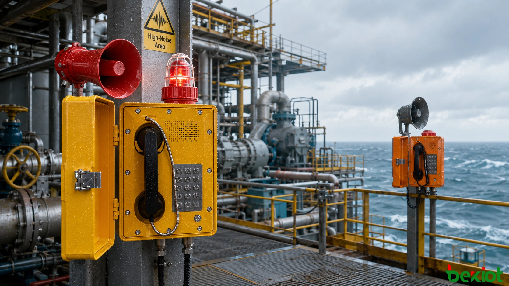 Notfallkommunikation bei hohem Lärmpegel auf Offshore-Plattformen mit Industrietelefonen, Hornlautsprechern, visuellen Alarmen und Einsatz-Integration im Kontrollraum