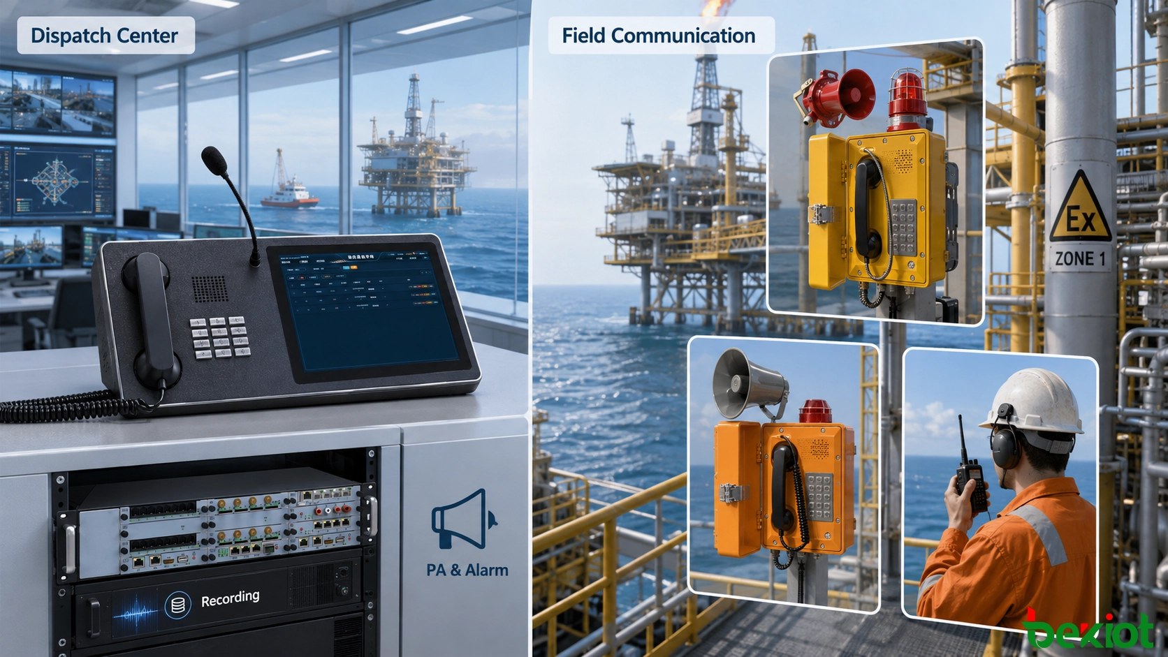 Offshore-Notfallkommunikationsarchitektur, die Industrie- und explosionsgeschützte Telefone mit Einsatzservern, Konsolen im Kontrollraum, Beschallungsanlage, Alarmen und Aufzeichnungssystemen verbindet