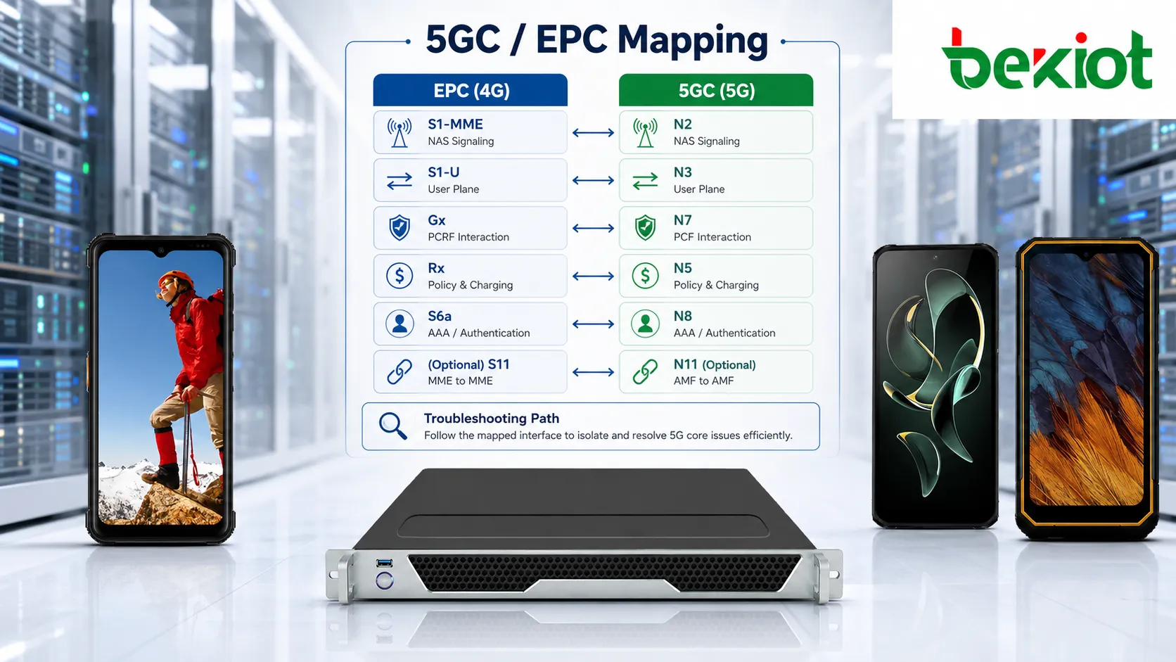 Zuordnung von 5GC- und EPC-Schnittstellen mit Vergleich von N2 N3 N4 N5 N7 N8 N11 und weiteren Kernnetzschnittstellen mit S1 Gx Rx S6a und älteren EPC-Schnittstellen
