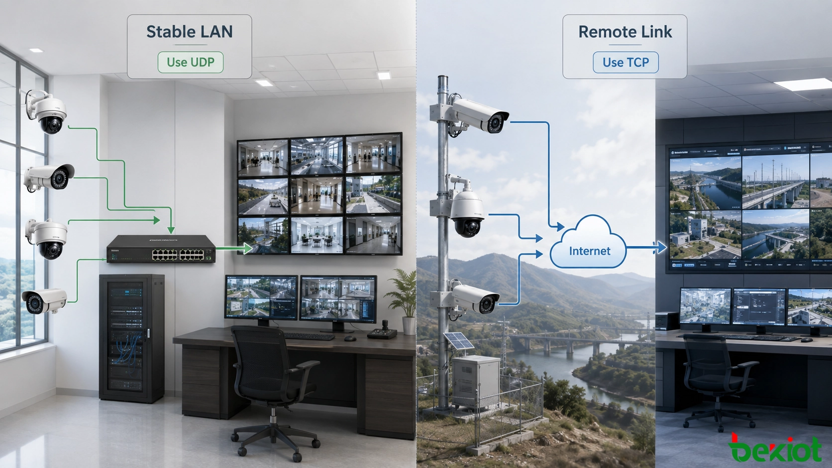 Videoüberwachungsnetzwerk mit Protokollauswahl für lokale Kameramonitore und Fernübertragung über das Internet