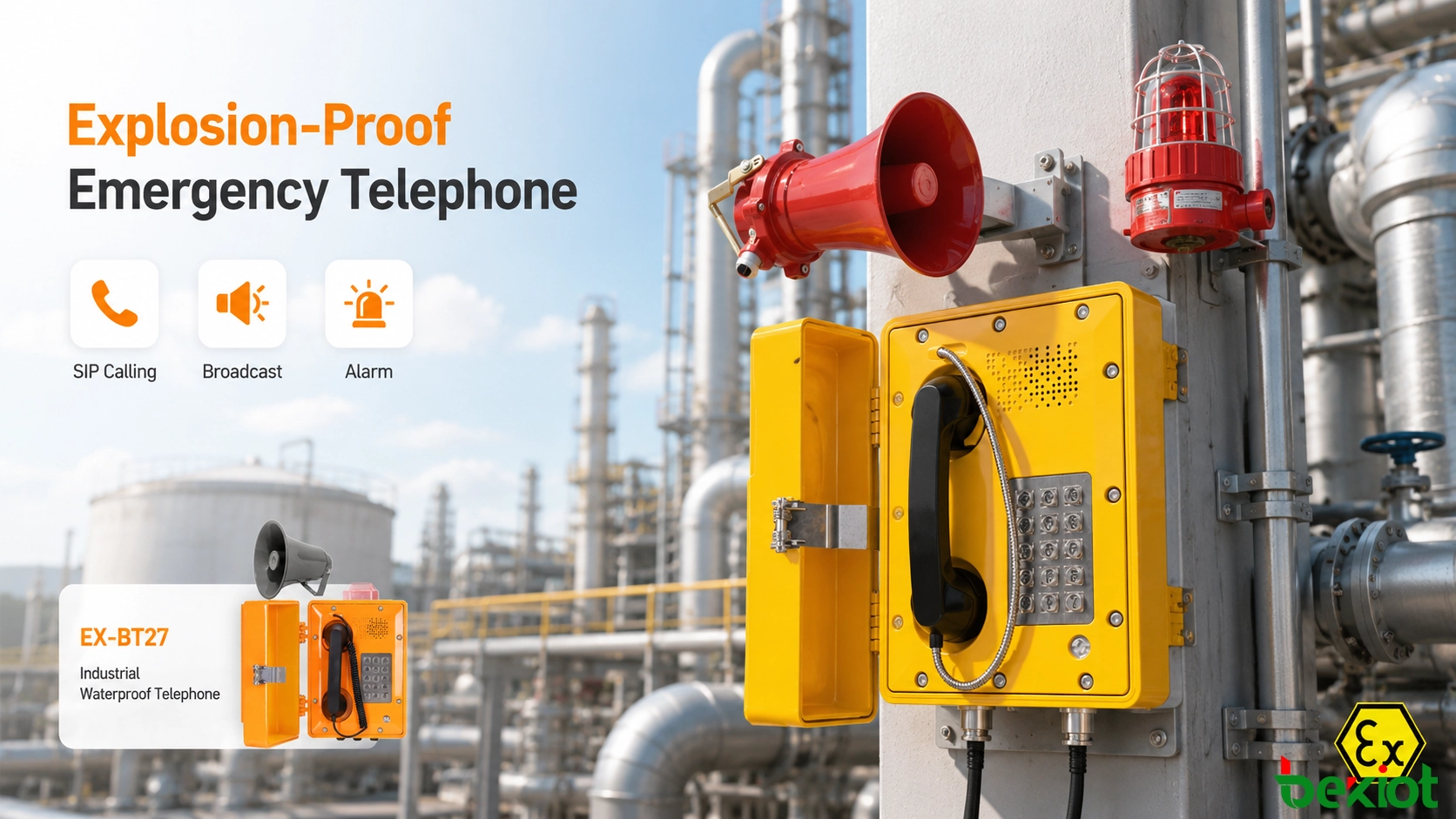 Explosionsgeschütztes Telefon installiert in einem gefährlichen petrochemischen Bereich mit Alarm- und industriellen Kommunikationsfunktionen