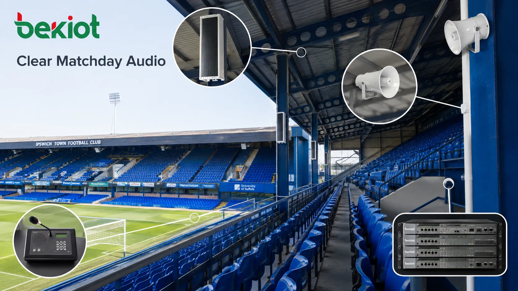Außenansicht und Tribünen des Portman Road von Ipswich Town, wo der Club ein PA-System-Upgrade im Wert von 1 Million Pfund plant