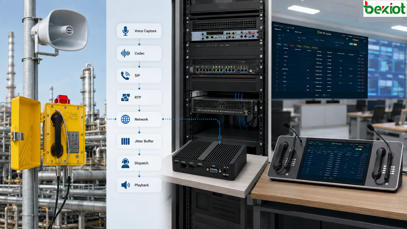 Signalpfad der Sprachlatenz eines Industrietelefons mit Mikrofonaufnahme, Audiocodierung, SIP- und RTP-Übertragung, Netzwerkswitching, Leitstellenplattform, Jitter-Puffer, Decodierung und Lautsprecherausgabe