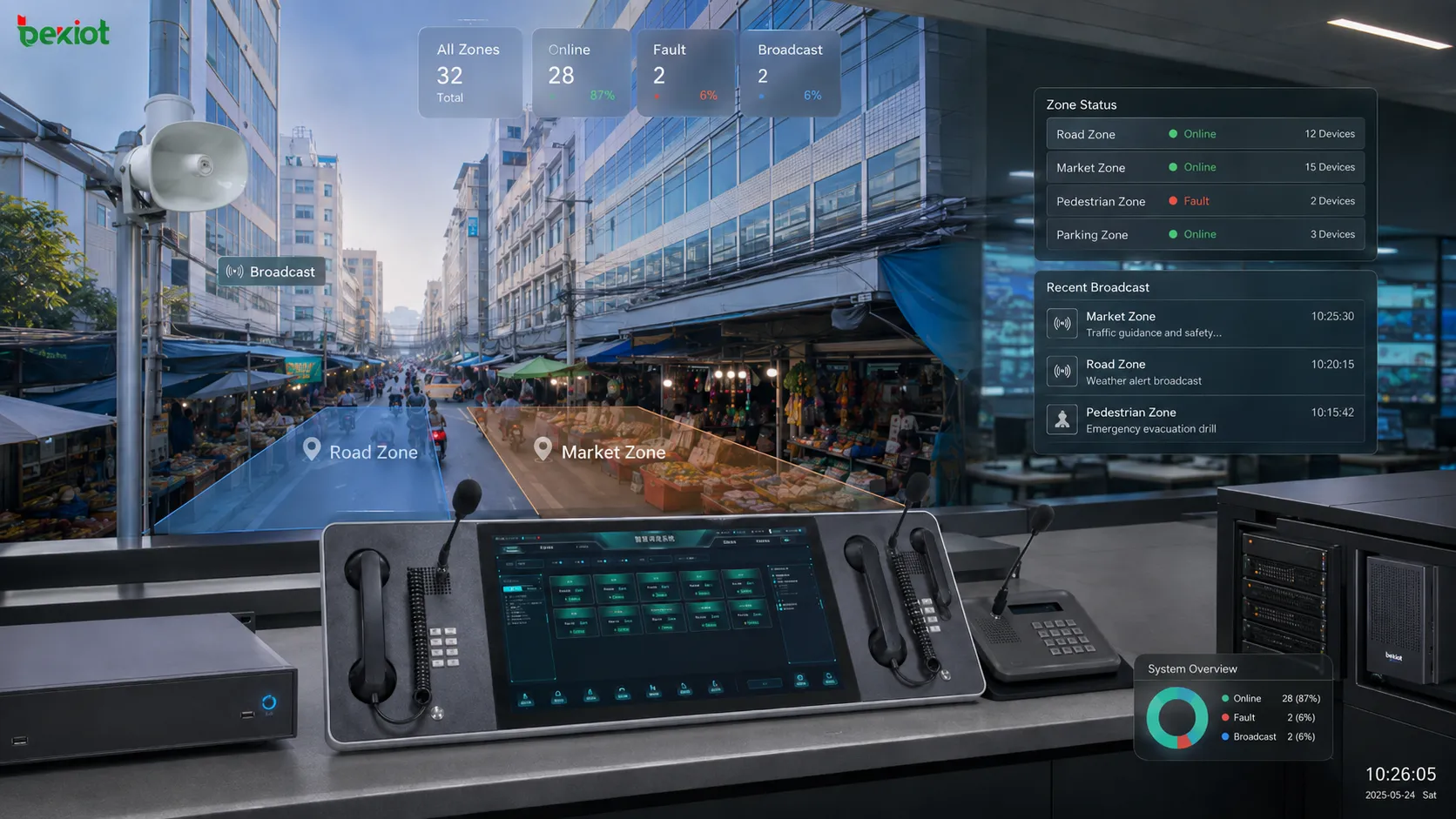 Betrieb einer Smart-Road-Beschallung mit CCTV-Überwachung, Leitstelle, zonierten Lautsprechern, intelligenten Straßenbeleuchtungsmasten und öffentlicher Kommunikation im Straßenraum