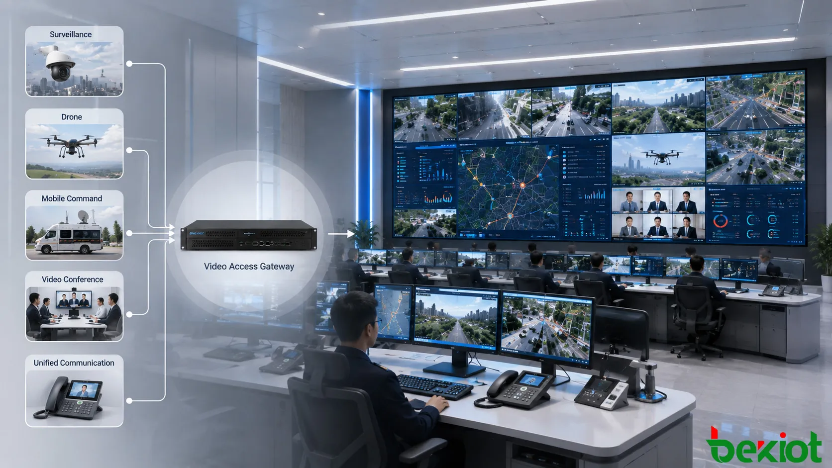 Kommandozentrale, die Überwachungskameras, Videokonferenzen, Drohnen, mobile Kommandofahrzeuge und Unified-Communication-Video über eine gemeinsame Videozugangsschicht integriert