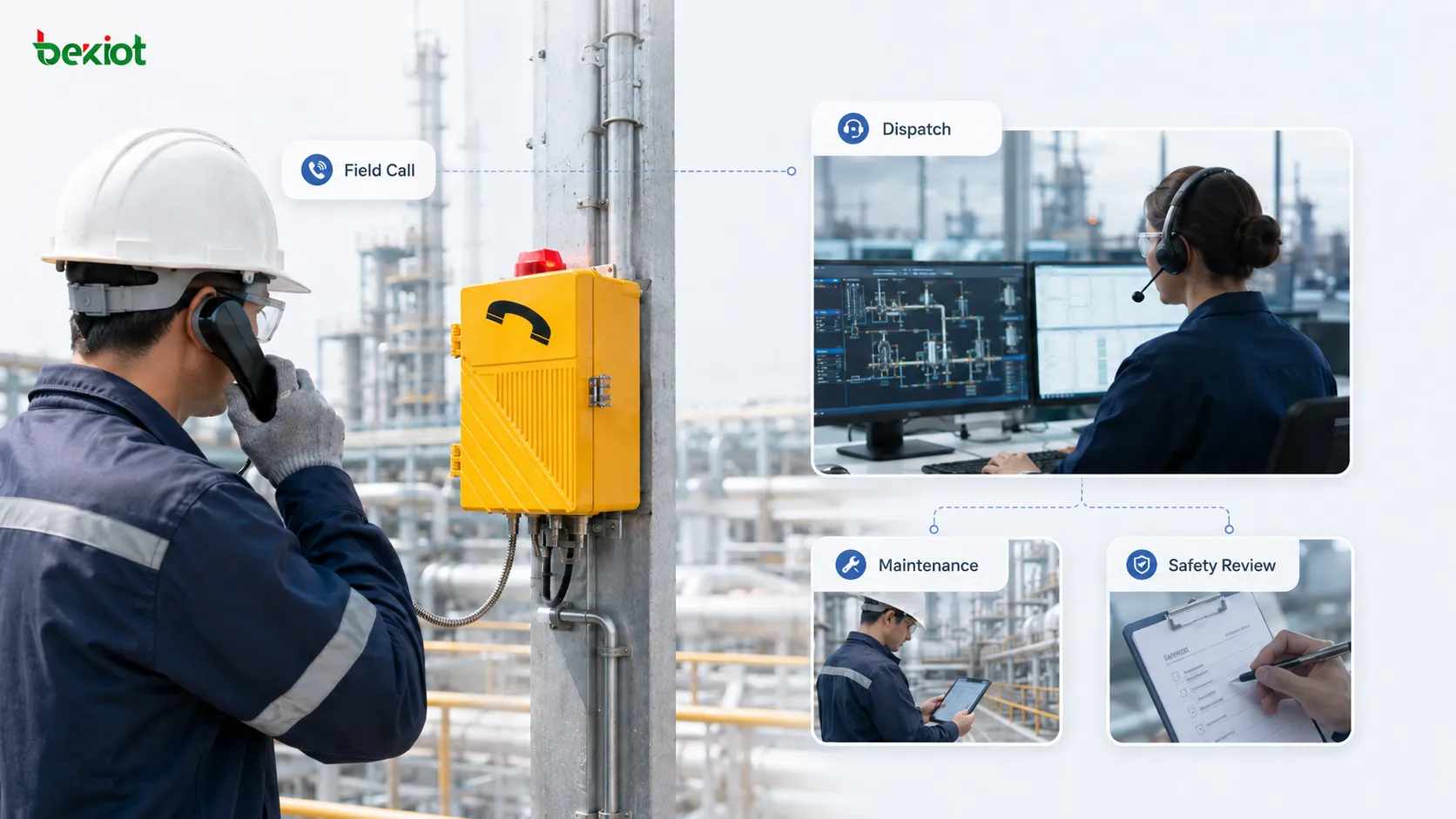 Umfrage zur Benutzererfahrung bezüglich der Sprachklarheit von Industrietelefonen, die einen Feldarbeiter in einer Hochlärmwerkstatt zeigt, der den Hörer benutzt, die Antwort des Kontrollraums, einen bidirektionalen Testanruf und Rückmeldeaufzeichnungen