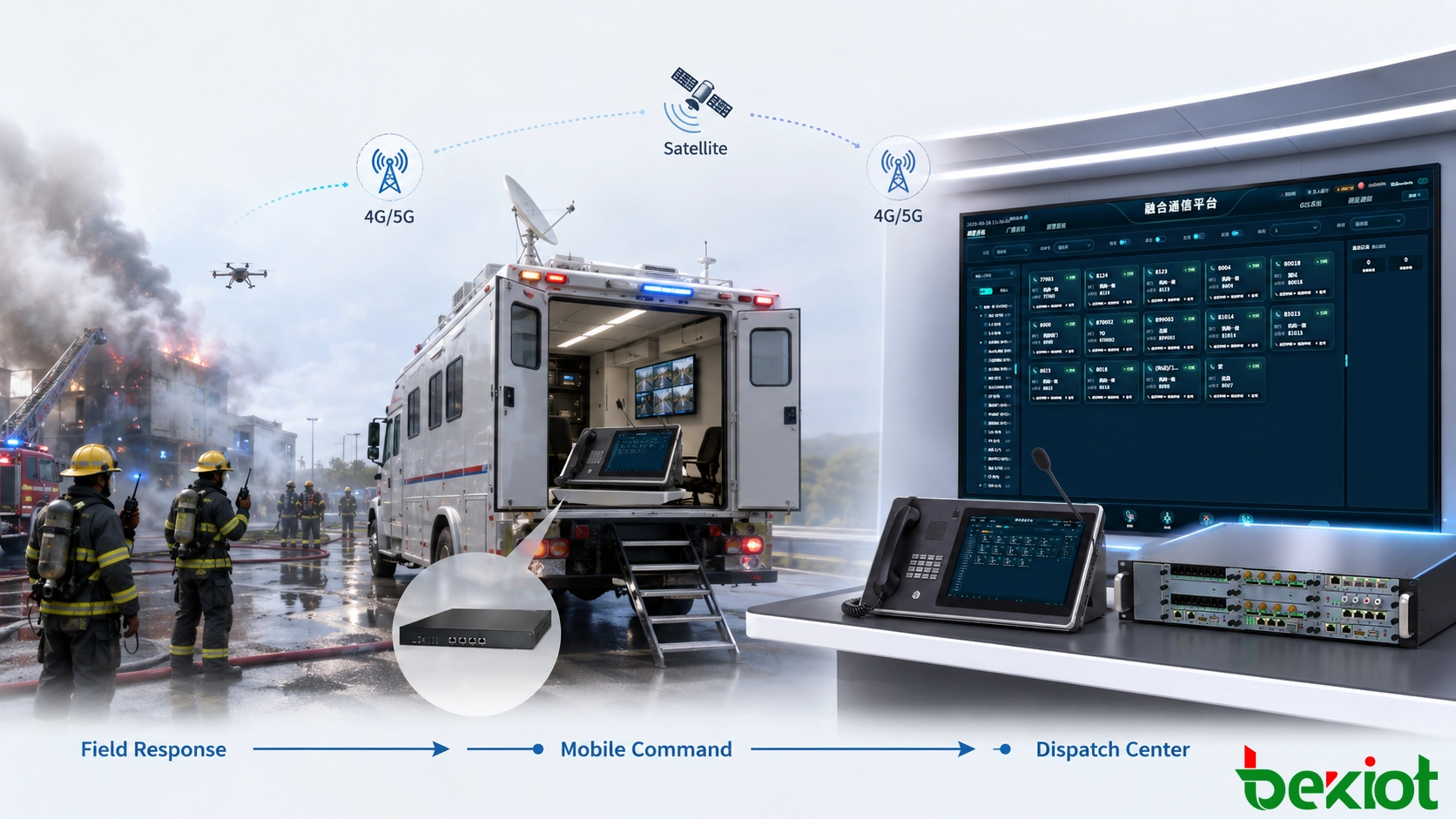 Ablauf der Notfallbewältigung mit Feuerwehr- und Rettungskräften, die über Funk mit einem Einsatzleitwagen und einem entfernten Leitzentrum über 4G-, 5G- und Satellitenverbindungen verbunden sind