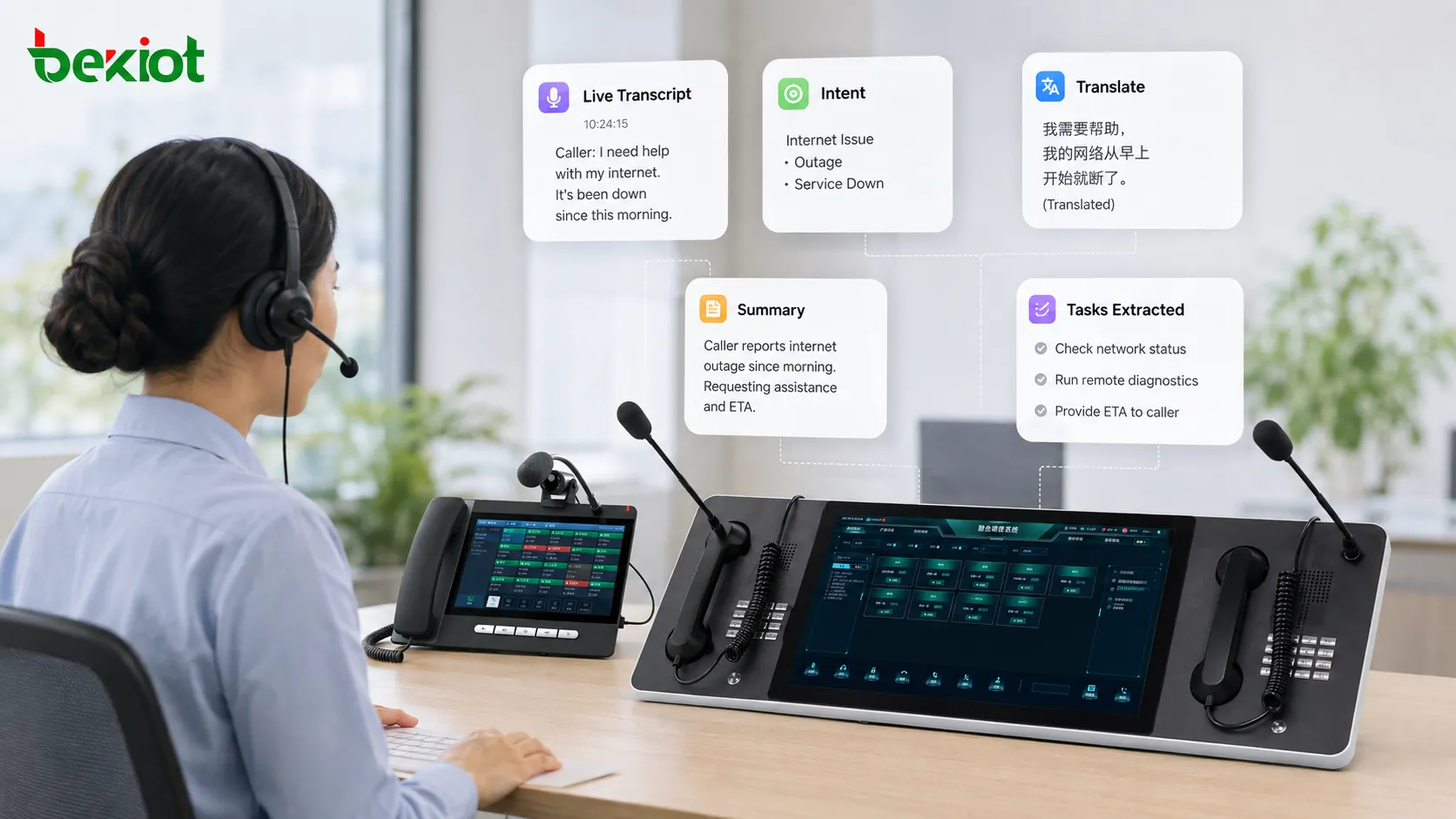 KI-gestützte Echtzeitanalyse eines VoIP-Anrufs mit Sprachtranskription, Erkennung der Kundenabsicht, Live-Übersetzung, Abgleich historischer Daten und intelligenter Agentenunterstützung