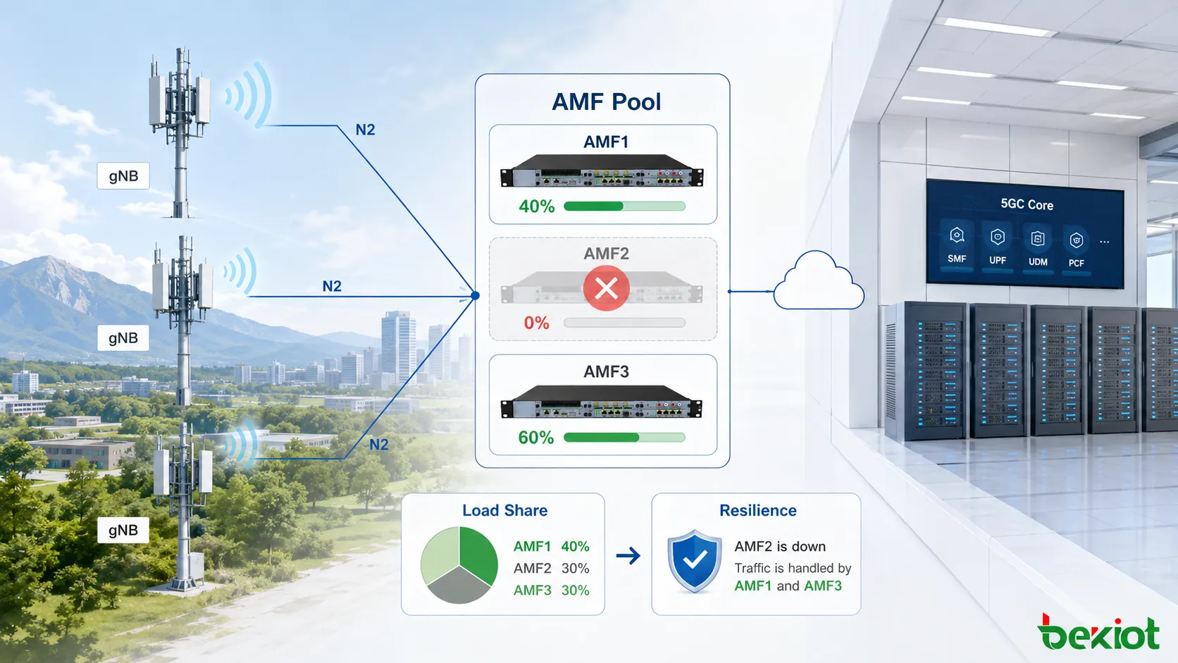 GUAMI-Hierarchie, in der MCC, MNC, AMF Region ID, AMF Set ID und AMF Pointer gemeinsam eine AMF-Instanz im 5G Core identifizieren