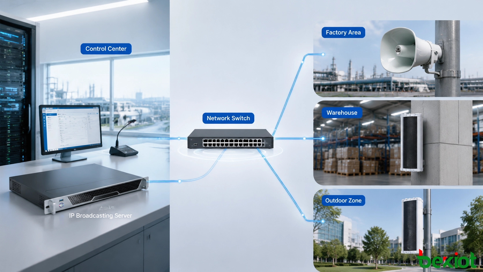 Remote-IP-Rundfunkarchitektur, die Servernetzwerk und IP-Audio-Endgeräte verbindet