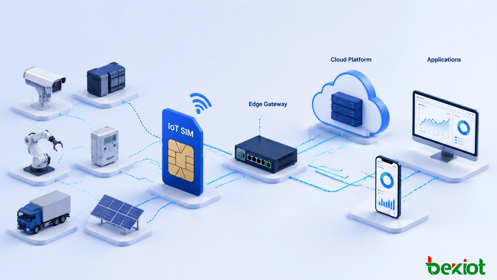 Unternehmens-IoT-Konnektivitätsarchitektur verbindet industrielle Geräte über IoT-SIM-Mobilfunknetze mit Edge- und Cloud-Plattformen sowie Geschäftsanwendungen