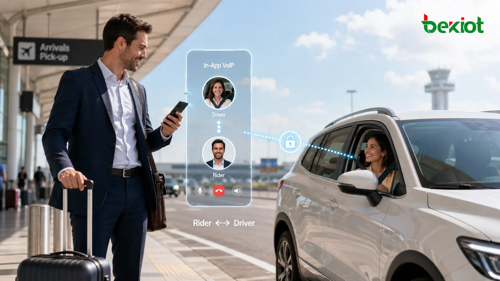 Ride-Hailing-App, die Fahrgäste und Fahrer per In-App-VoIP verbindet, ohne private Telefonnummern offenzulegen