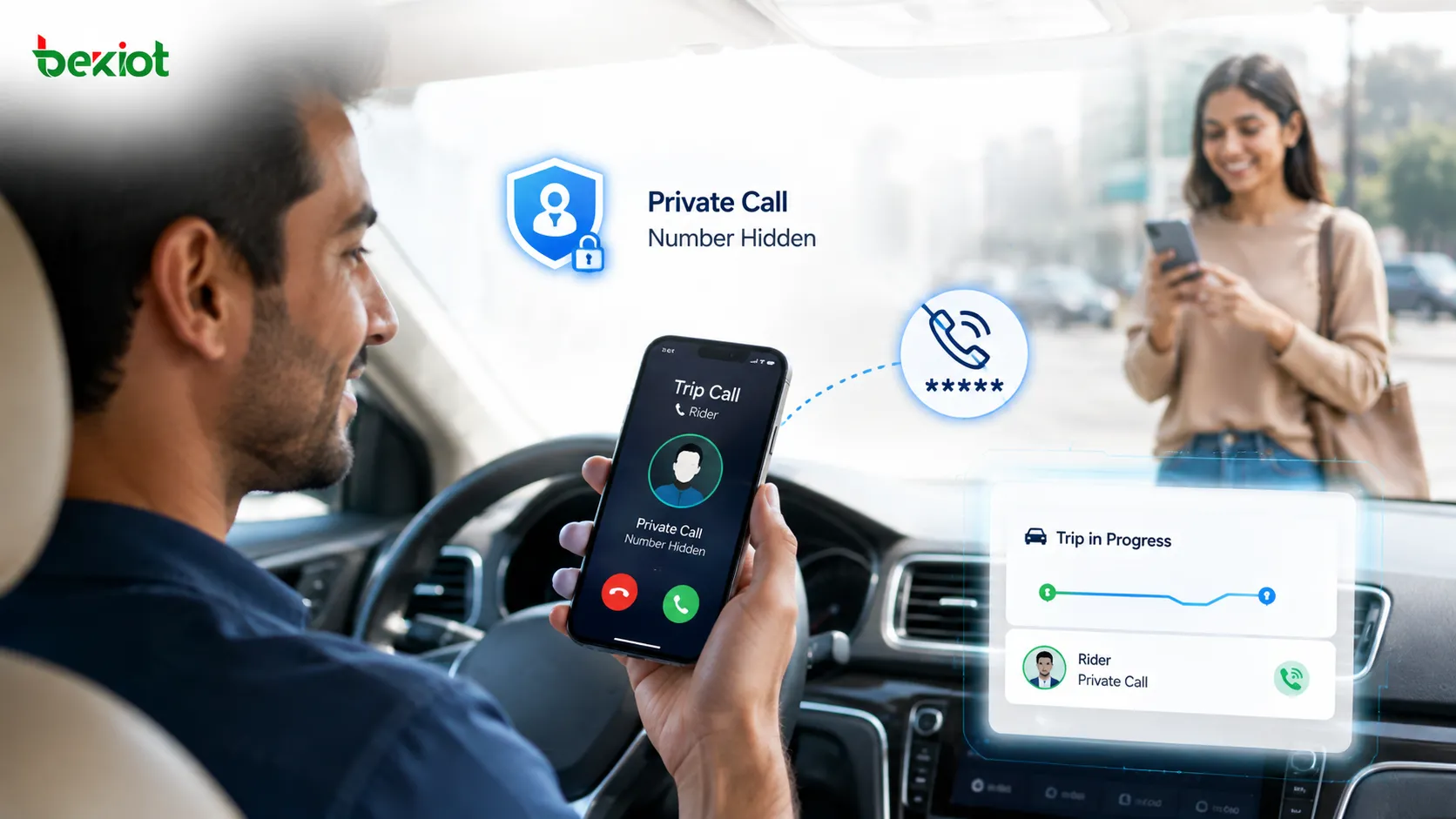 VoIP-Architektur einer mobilen App, die Fahrgast- und Fahrer-Clients mit Anrufsteuerung, Mediendiensten und Geschäftsplattform verbindet