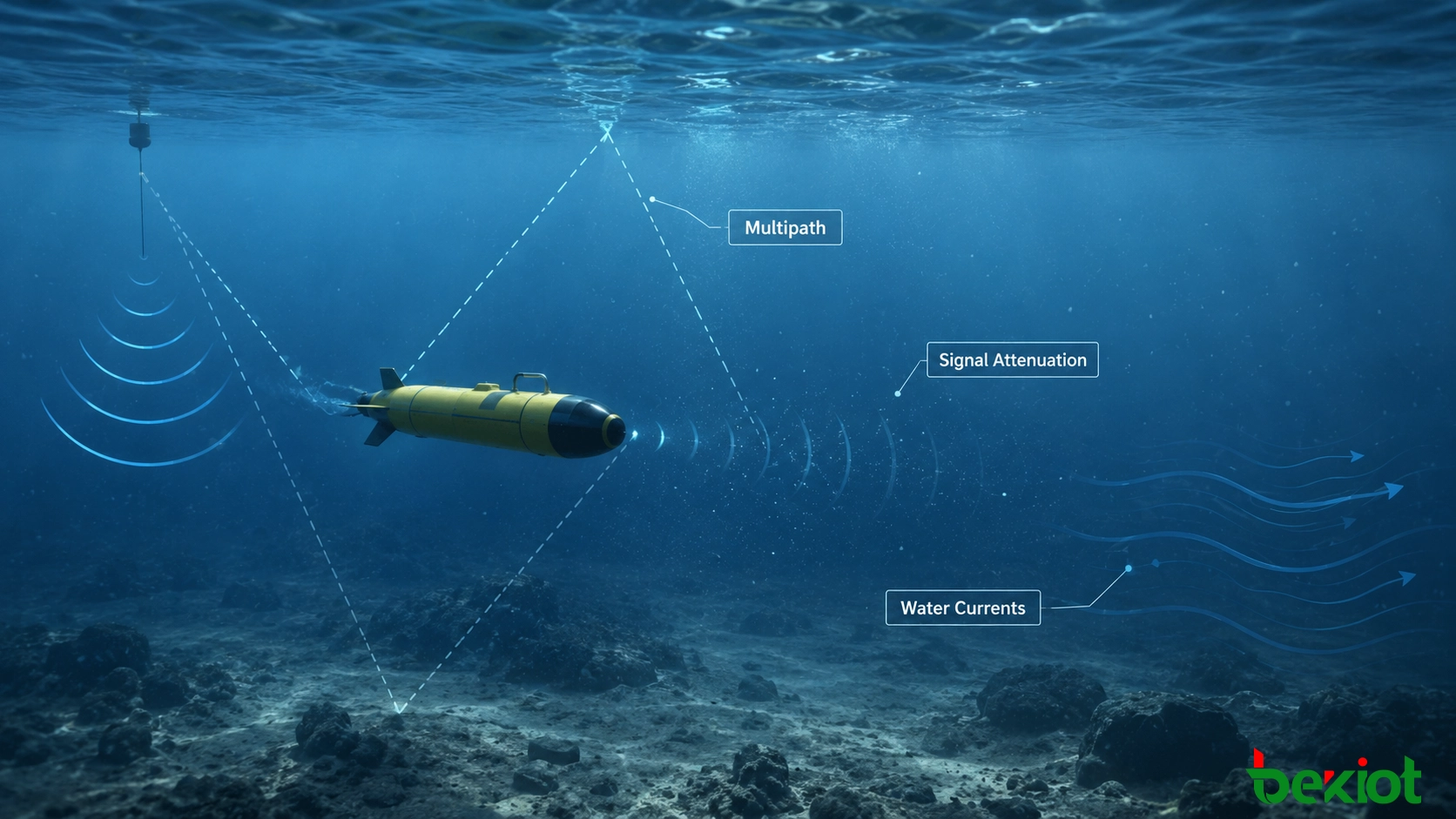 AUV-Unterwasserkommunikationsumgebung mit Signaldämpfung, Mehrwegeausbreitung, Wasserströmungen und Kommunikationsherausforderungen