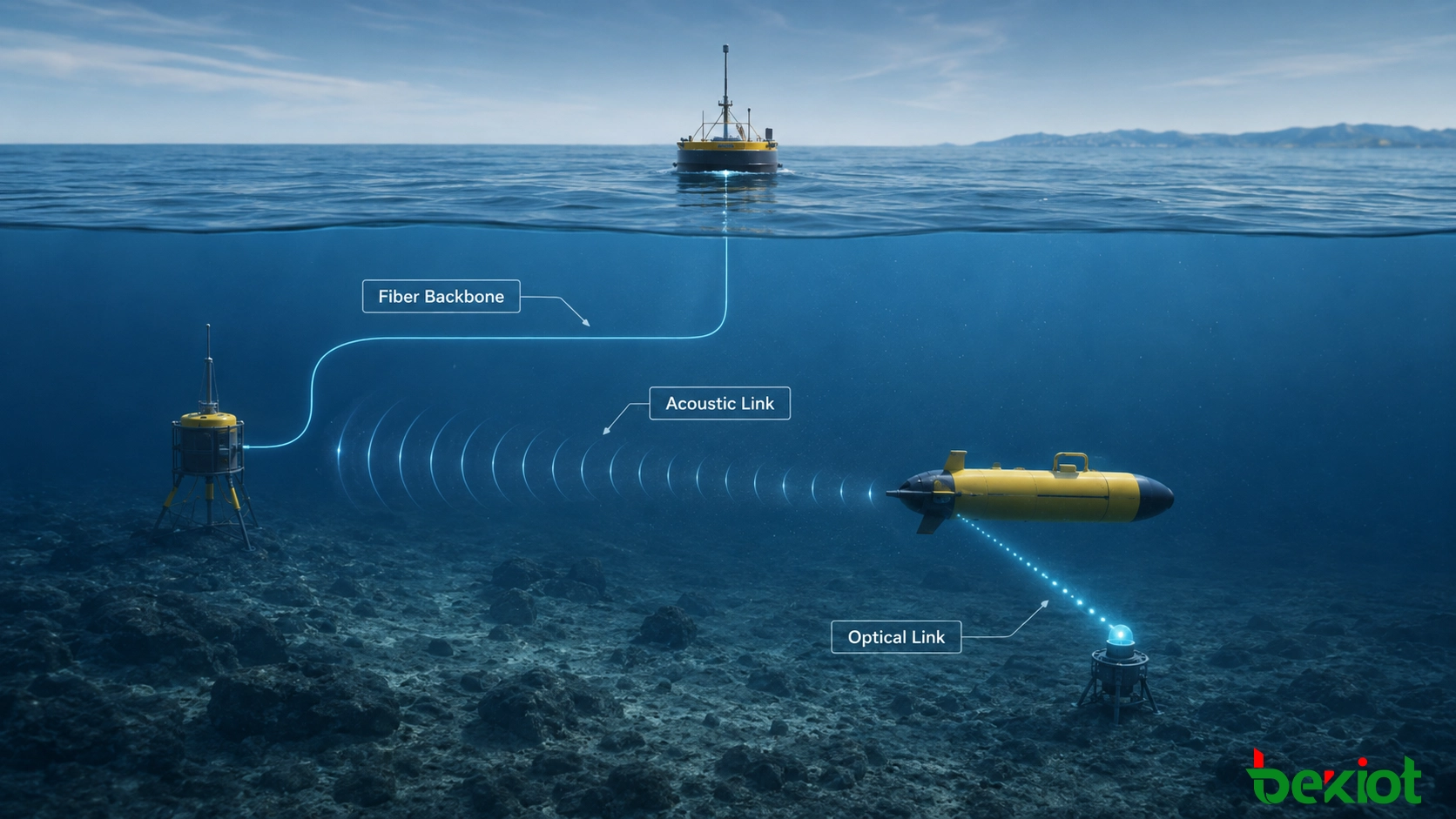 Hybride AUV-Kommunikationsarchitektur mit Oberflächensteuerung, glasfasergebundener Unterwasserstation, akustischer Verbindung und optischem Datentransfer