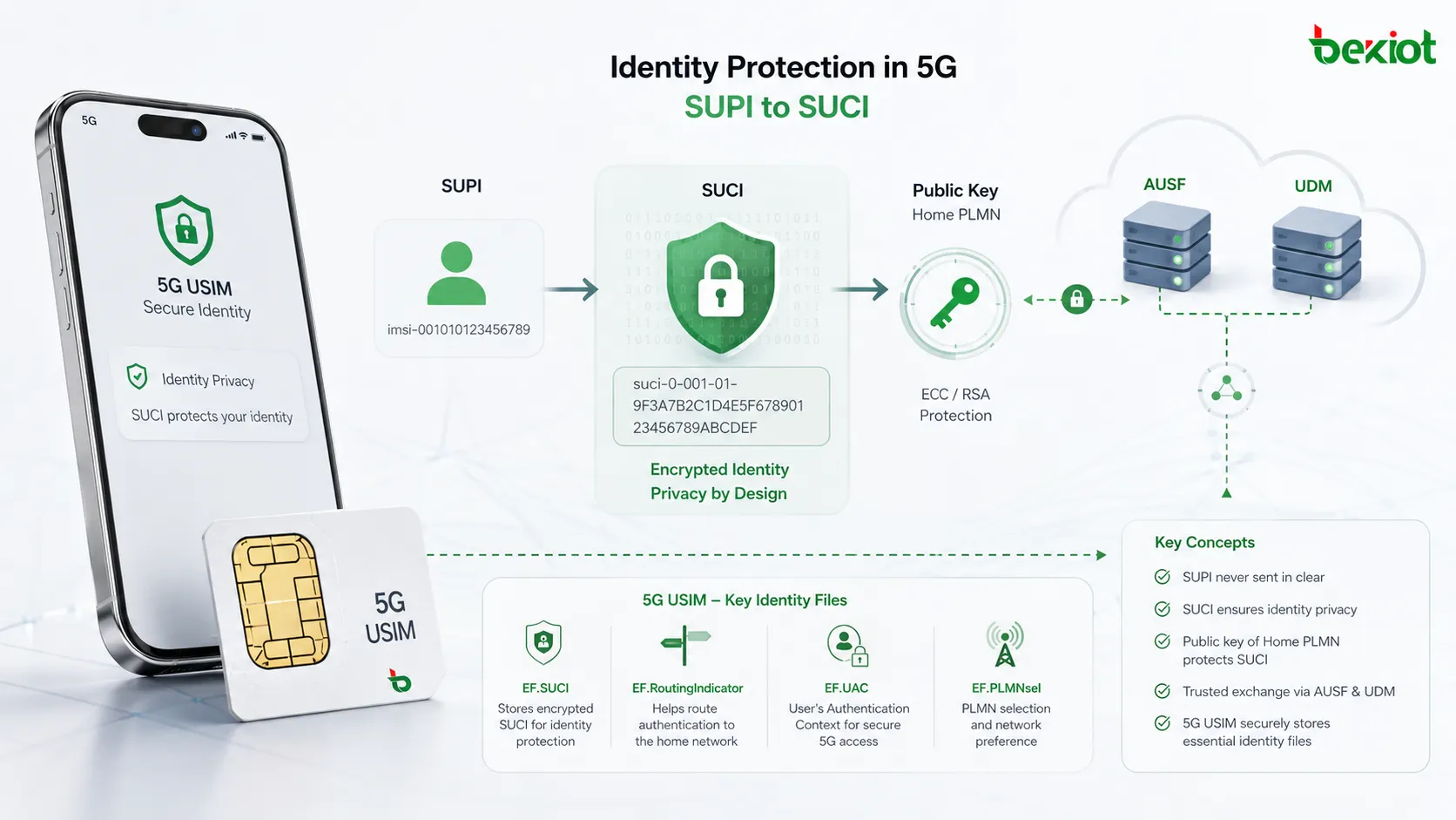 5G-USIM verwendet EF-Dateien für SUCI-Berechnung, Routing-Indikator, UAC und PLMN zum Identitätsschutz und Zugriffsmanagement