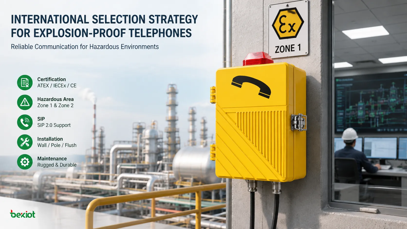 Auswahl des explosionsgeschützten Telefons EX-BH621 für internationale Projekte mit Zertifizierungsprüfung, Abgleich des Gefahrenbereichs, SIP-Leitstellenintegration, Installation, IP-Schutz, Sprachqualität und Wartungsdokumentation