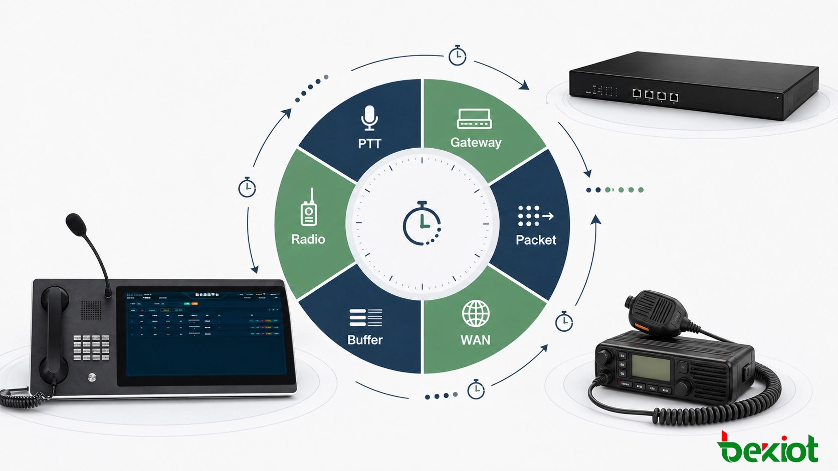 RoIP-Latenzbudget mit PTT-Verarbeitung, Gateway-Verzögerung, IP-Transport, Jitter-Puffer, Funk-Tastung und HF-Verzögerung