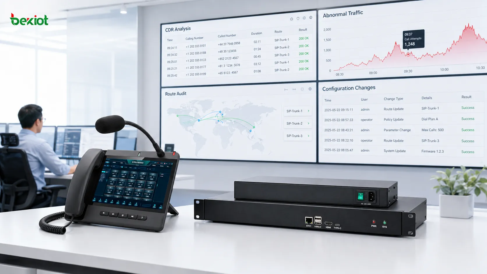 VoIP-Betriebsplattform mit CDR-Analyse, Routing-Audit, Anomaliealarmen und Berechtigungsprotokollen zur Erkennung nicht autorisierten internationalen Sprachverkehrs