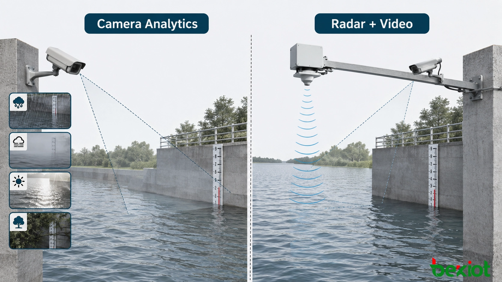 Vergleich der kamerabasierten und radarbasierten Wasserstandsmessung in einem Flusslauf