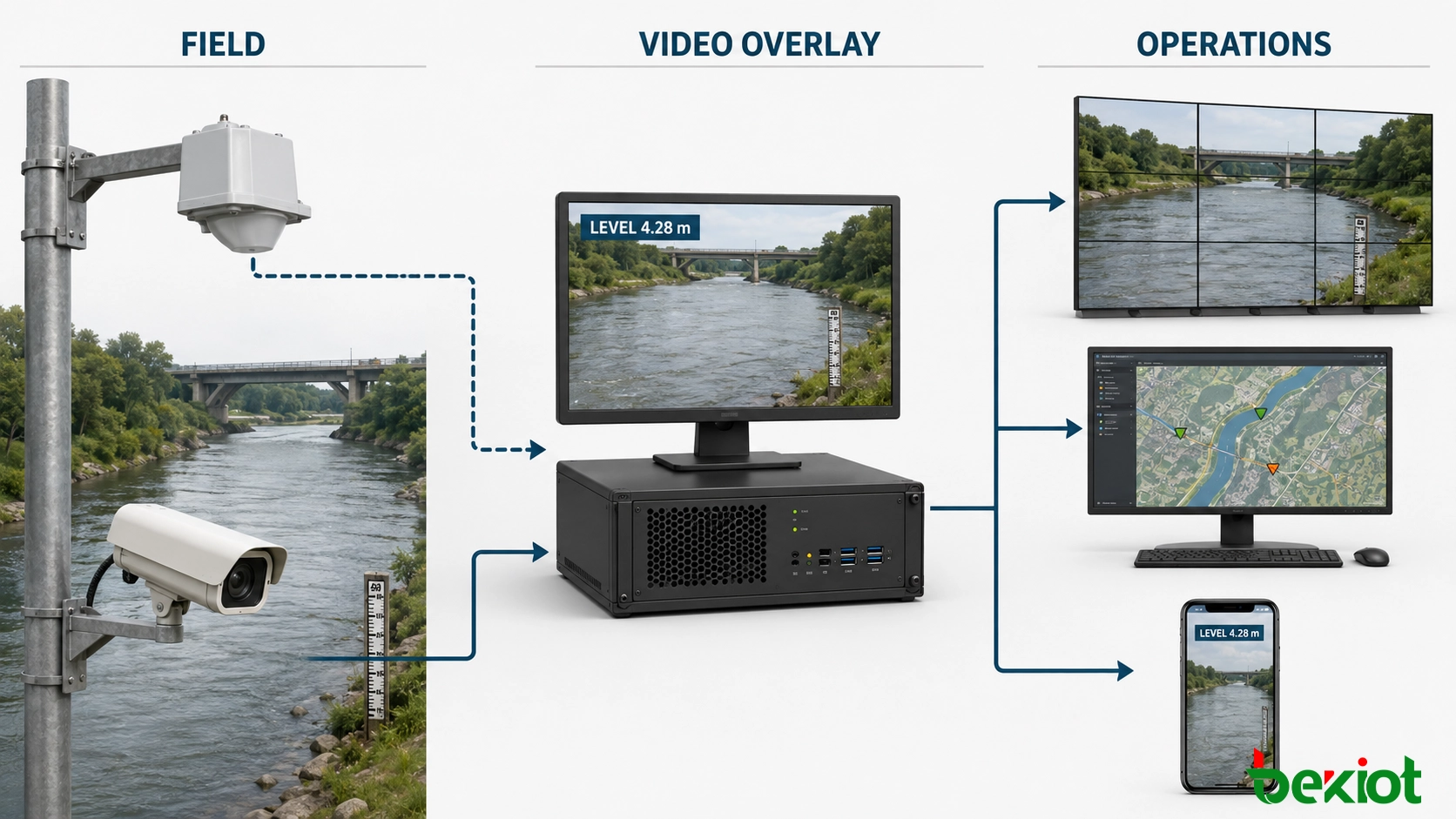 Architektur, die einen Radar-Wasserstandsensor und eine CCTV-Kamera mit einer Videoüberlagerungsplattform verbindet