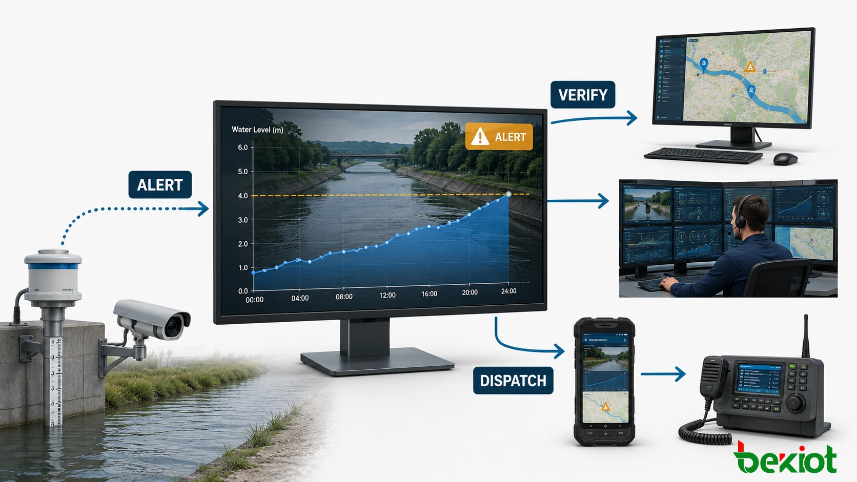 Intelligenter Wasserüberwachungs-Alarm-Workflow, der Video, GIS, Disposition, Mobilgeräte und Kontrollraumsysteme verbindet