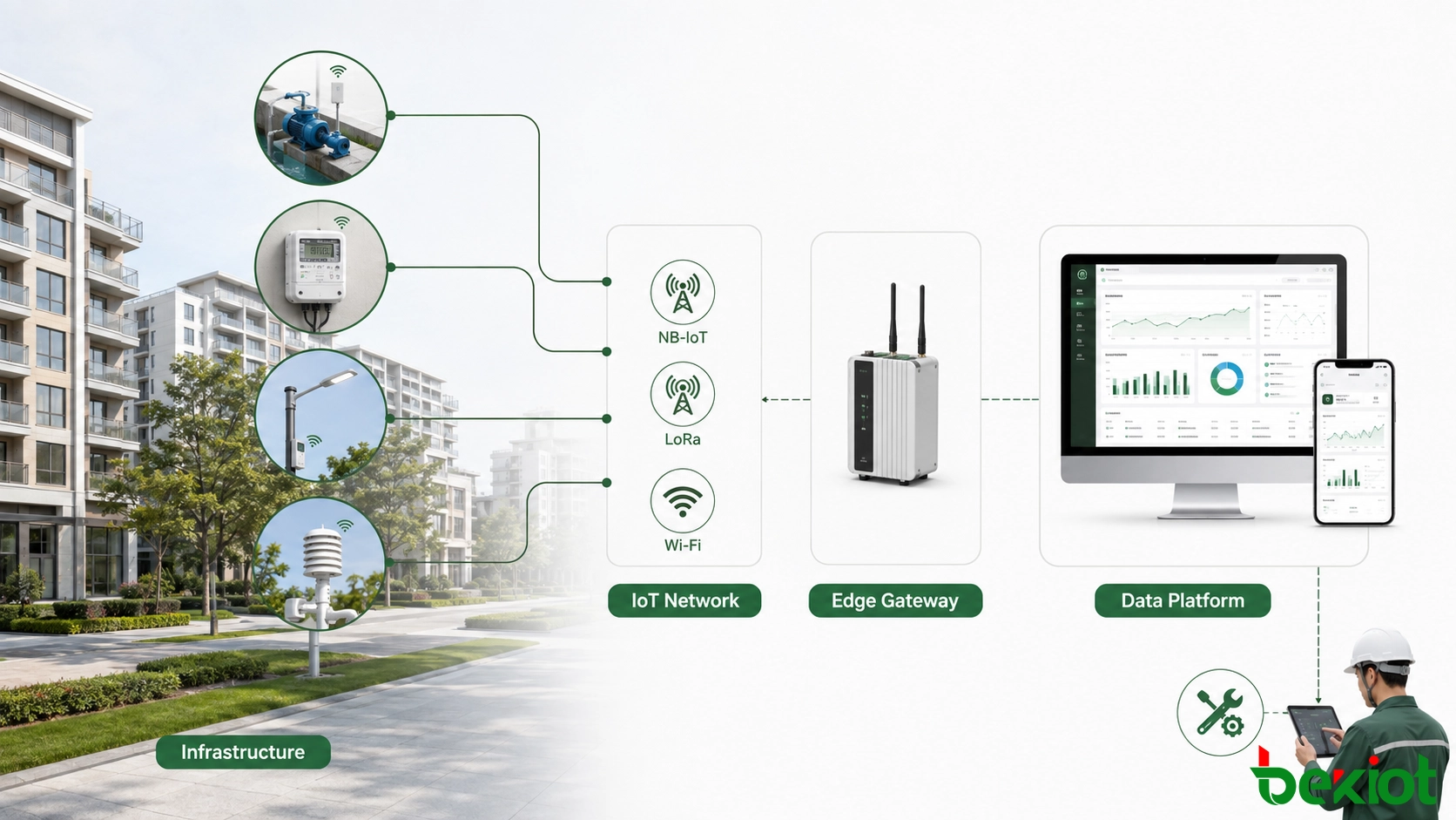 Digitales Fundament einer Smart Community, das Versorgungssensoren, IoT-Netzwerke, Edge-Gateways und eine Datenplattform verbindet