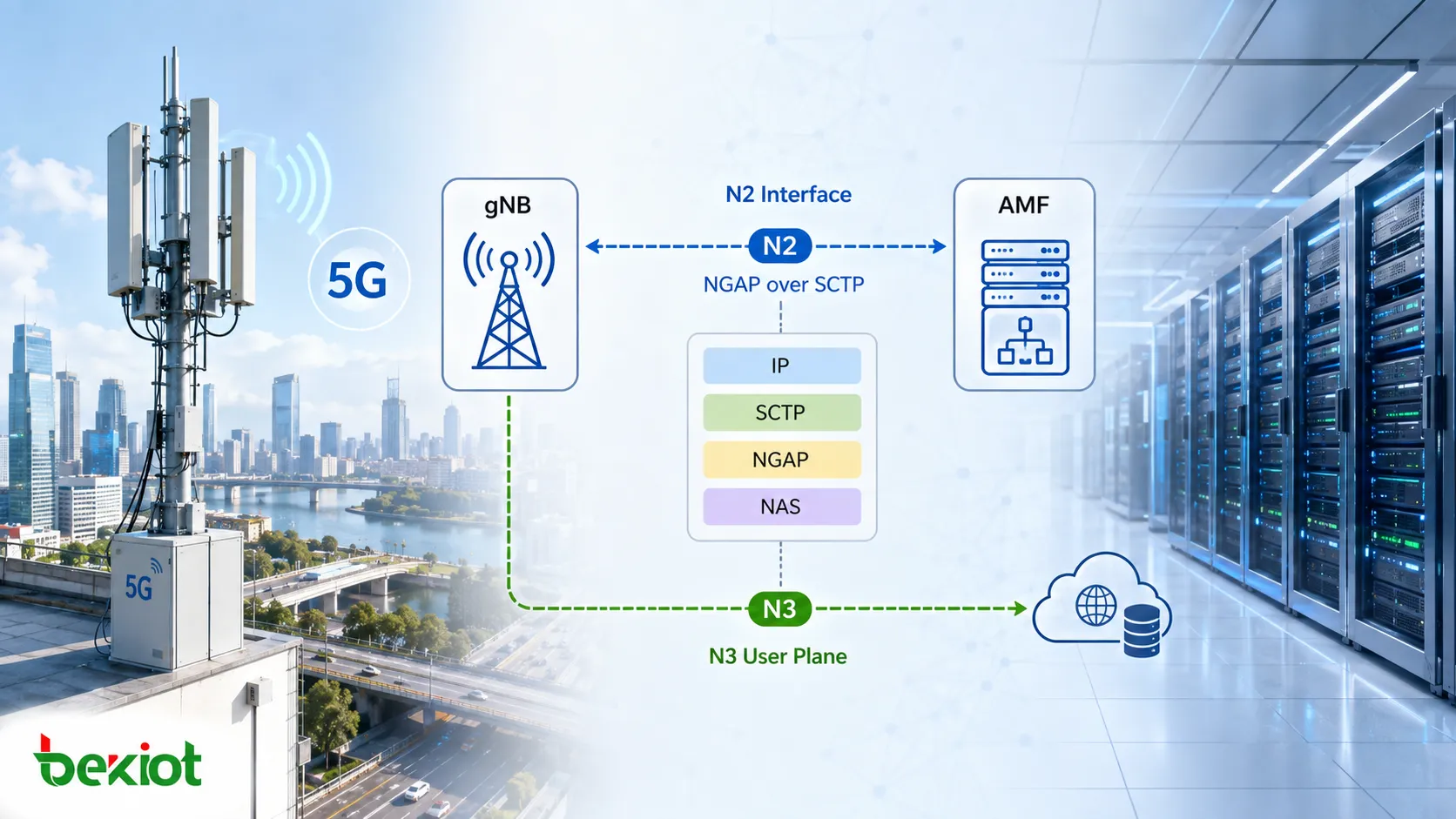 5G-N2-Schnittstelle, die gNB und AMF über SCTP und NGAP verbindet und dabei NAS-Signalisierung sowie UE-Prozeduren der Steuerungsebene transportiert