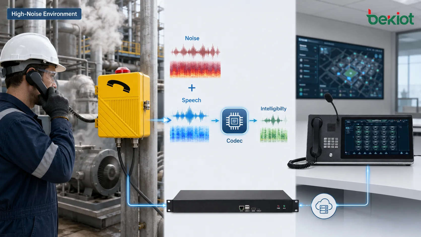 Verständlichkeitstest für Industrietelefon-Codecs in einer lauten Werkhalle mit Feldpersonal, Leitstellendisponenten, Wellenformvergleich, Codec-Parametern und Rückmeldung zum Sprachverständnis
