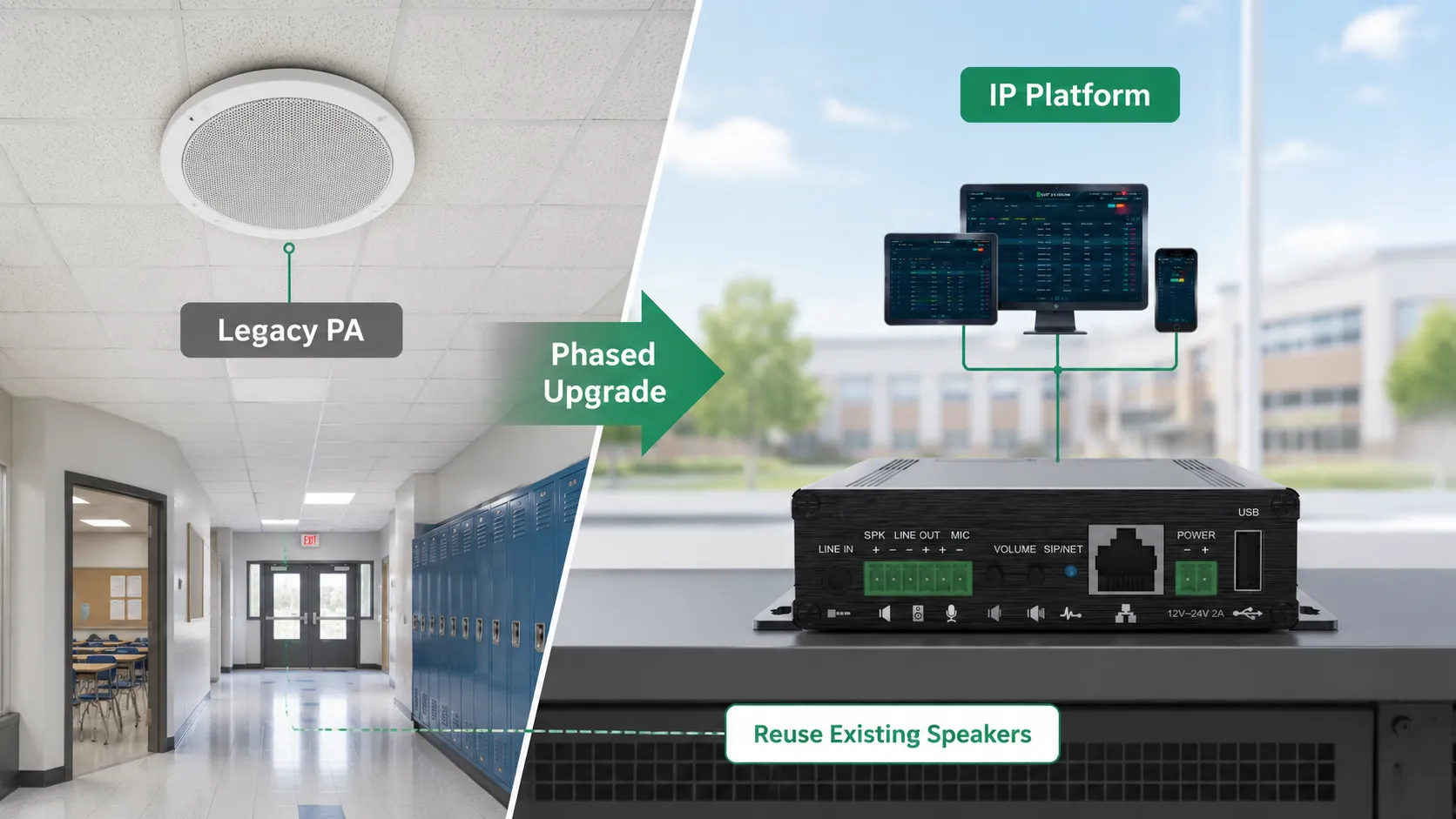 Bestehendes analoges Campus-PA-System, das über IP-PA-Gateways in eine neue Plattform integriert wird, wobei Verstärker und Lautsprecher erhalten bleiben und schrittweise IP-Terminals ergänzt werden
